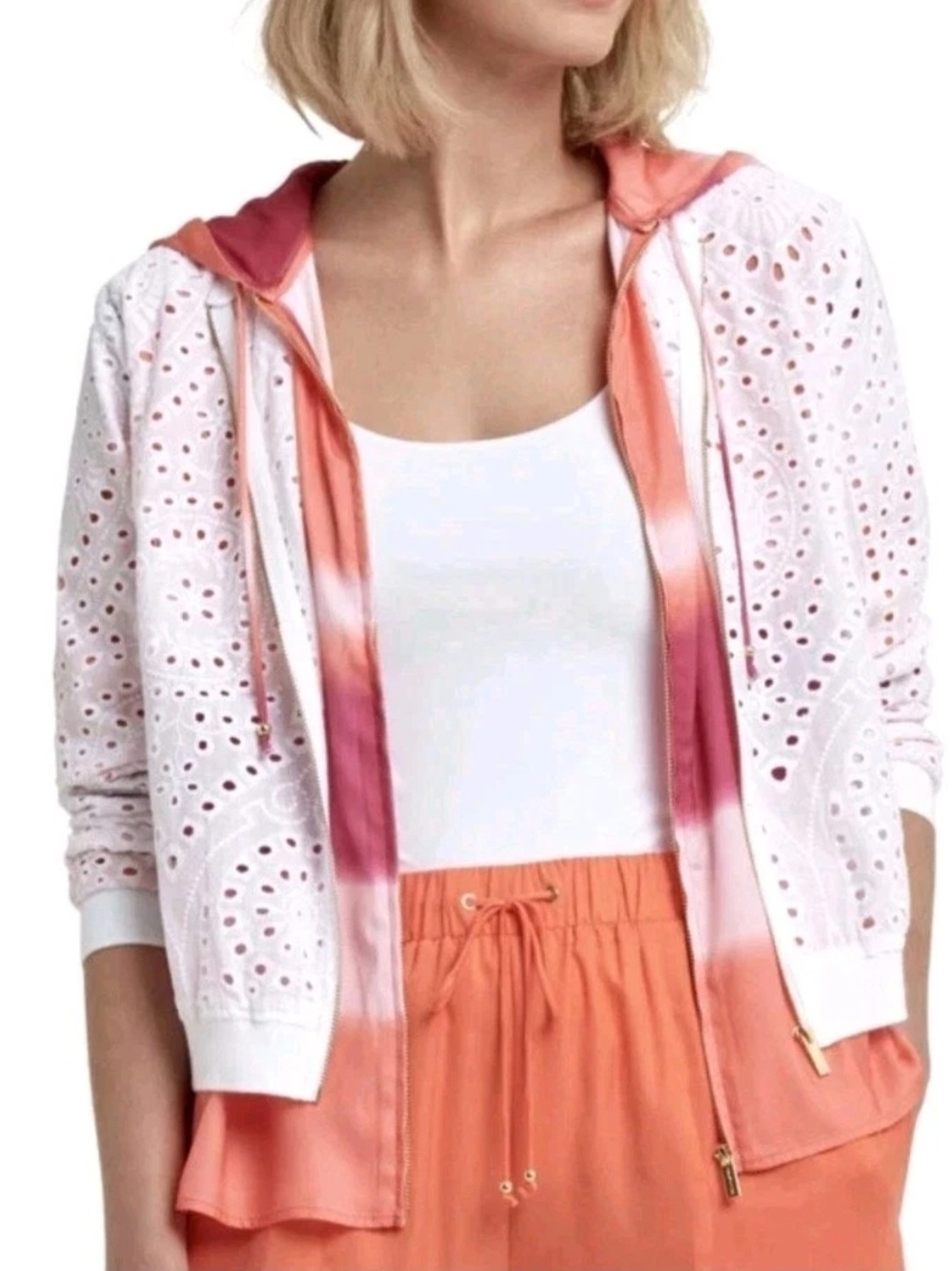Halston Women’s Eyelet Lace Hooded Jacket Size M NWT.